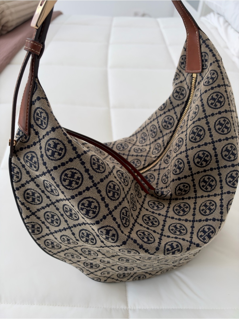 Tory Burch Beige and Black Monogram Hobo Bag